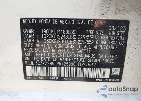 2024 Honda Hr-V Awd Sport/Awd Sport W/O Bsi z USA, uszkodzony, nr VIN 3CZRZ2H59RM725996